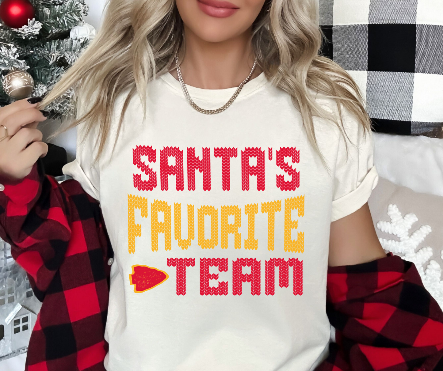 DTF TRANSFER ONLY - Santa's Favorite Team Red/Gold Text