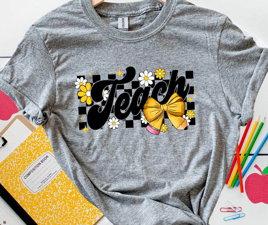 DTF TRANSFER ONLY - Teach Checkered Background with Pencil Bow