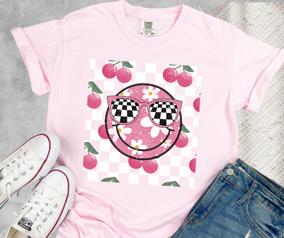 DTF TRANSFER ONLY - Cherry Checkered Smile Face