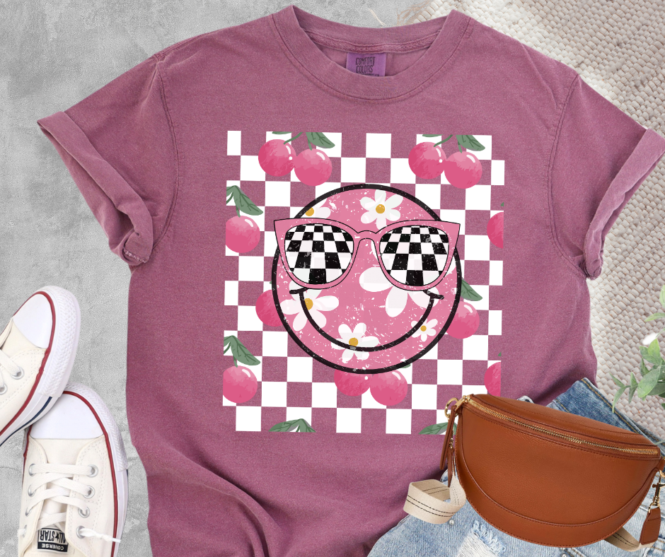DTF TRANSFER ONLY - Cherry Checkered Smile Face