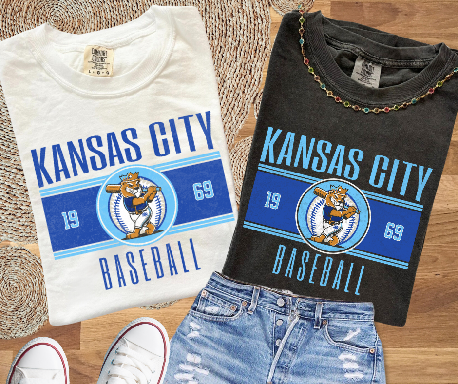 DTF TRANSFER ONLY - Vintage Kansas City Baseball Lion Player Center 1969 (Lighter/Brighter Blue Text)