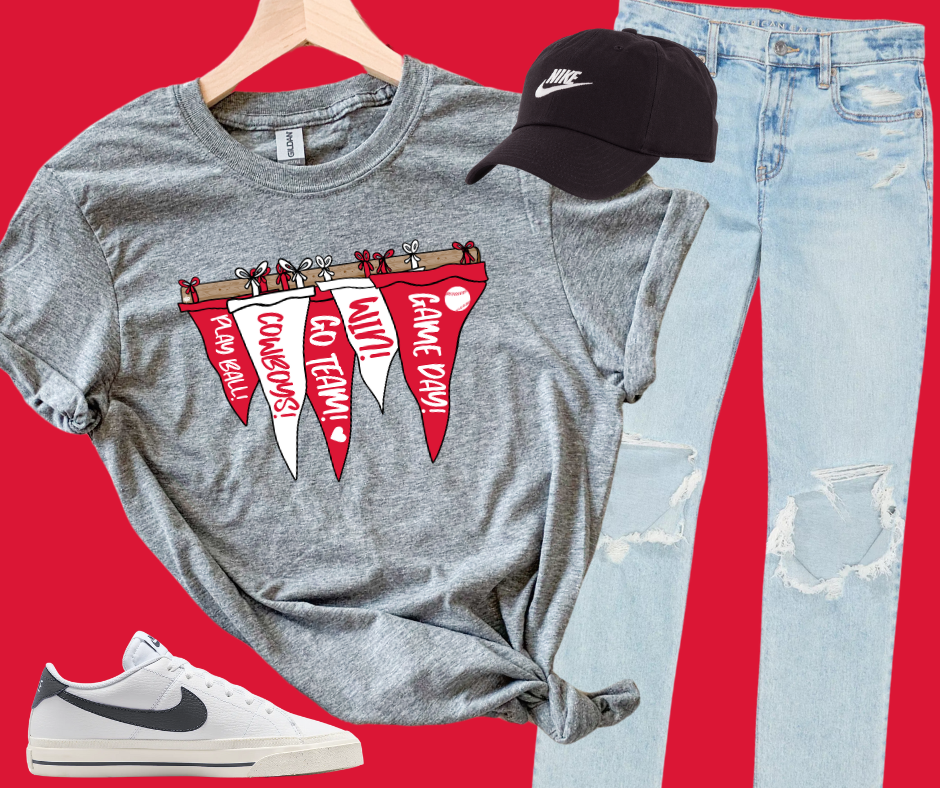 DTF TRANSFER ONLY - Red/White Pennant Flags RACK COWBOYS Baseball Theme