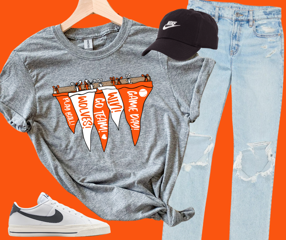 DTF TRANSFER ONLY - Orange/White Pennant Flags RACK WOLVES Baseball Theme