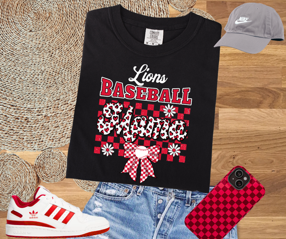 DTF TRANSFER ONLY - Red/Black/White Lions Baseball Mama White Text