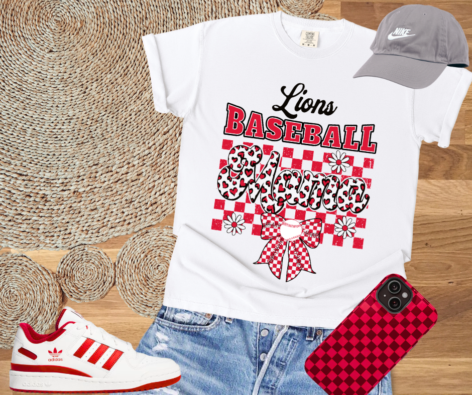 DTF TRANSFER ONLY - Red/Black/White Lions Baseball Mama Black Text