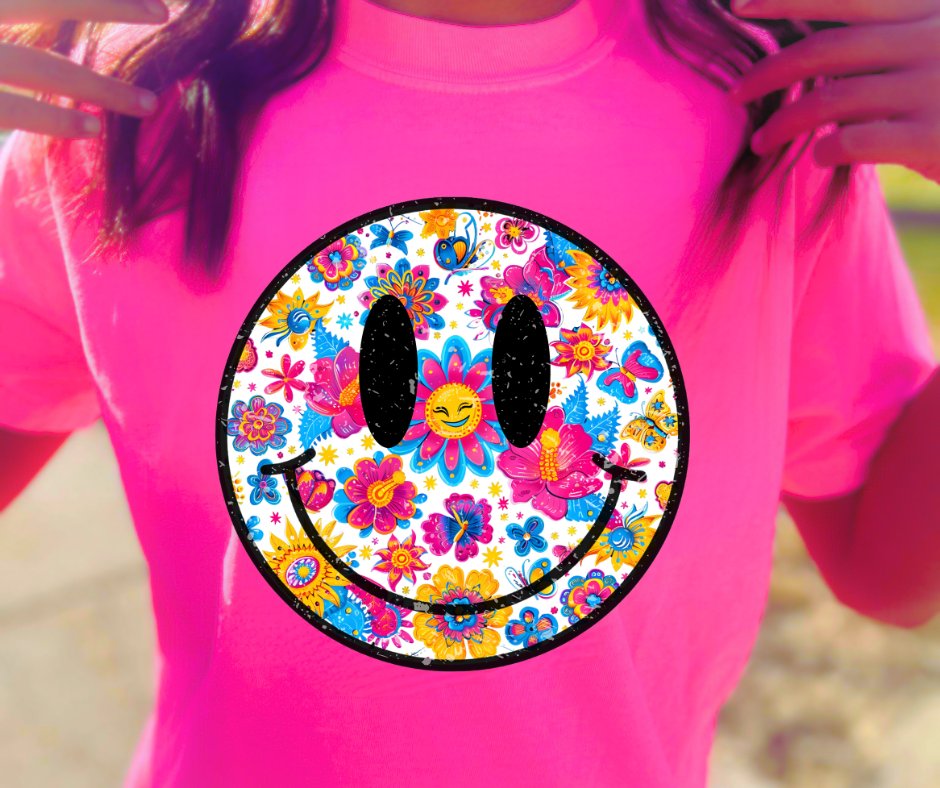 DTF TRANSFER ONLY - Colorful white background Floral Smiley Face