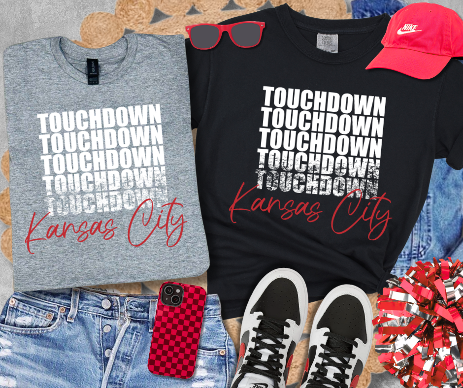 DTF TRANSFER ONLY - White Touchdown Stacked Repeat w/ RED Kansas City