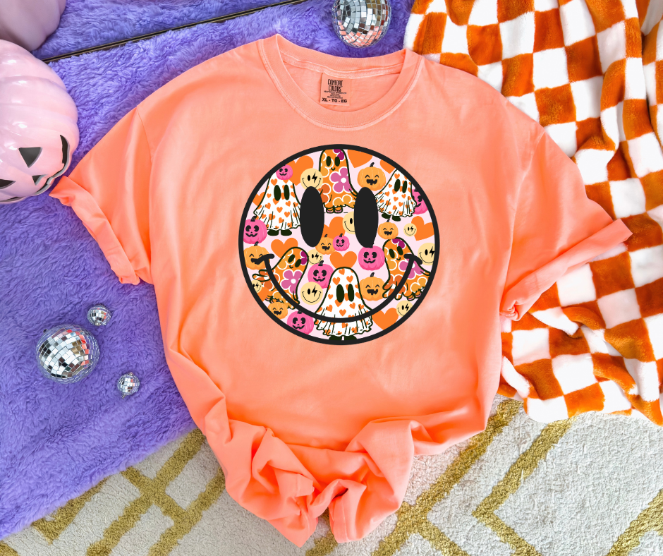 DTF TRANSFER ONLY - Orange/Pink Halloween Smiley Face