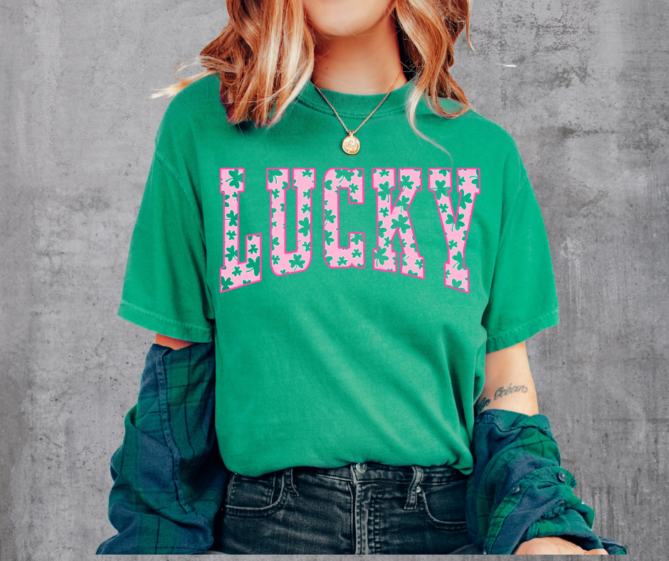 DTF TRANSFER ONLY - Pink Lucky (Shamrocks are cutout so shirt color shows through)