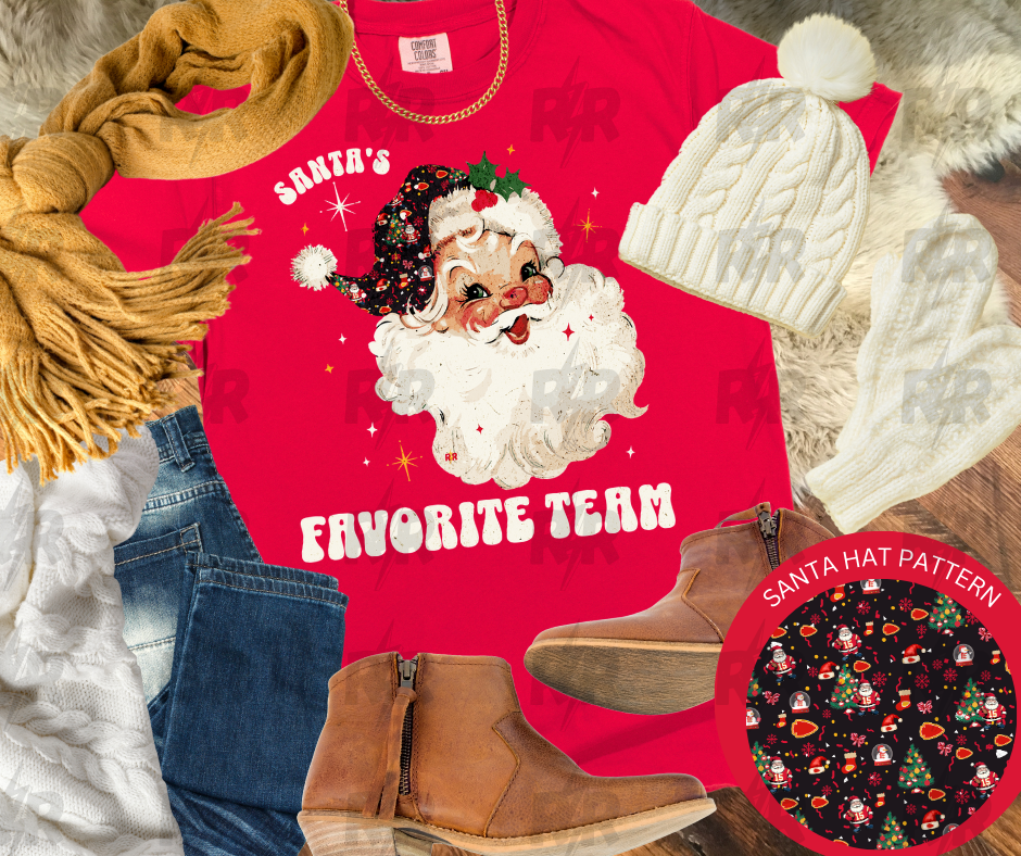 DTF TRANSFER ONLY - Santa's Favorite Team KC Patterned Hat White Text