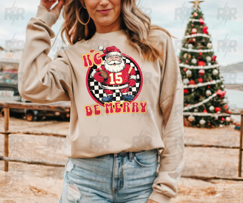 DTF TRANSFER ONLY  - KC Be Merry Santa Checkered Circle