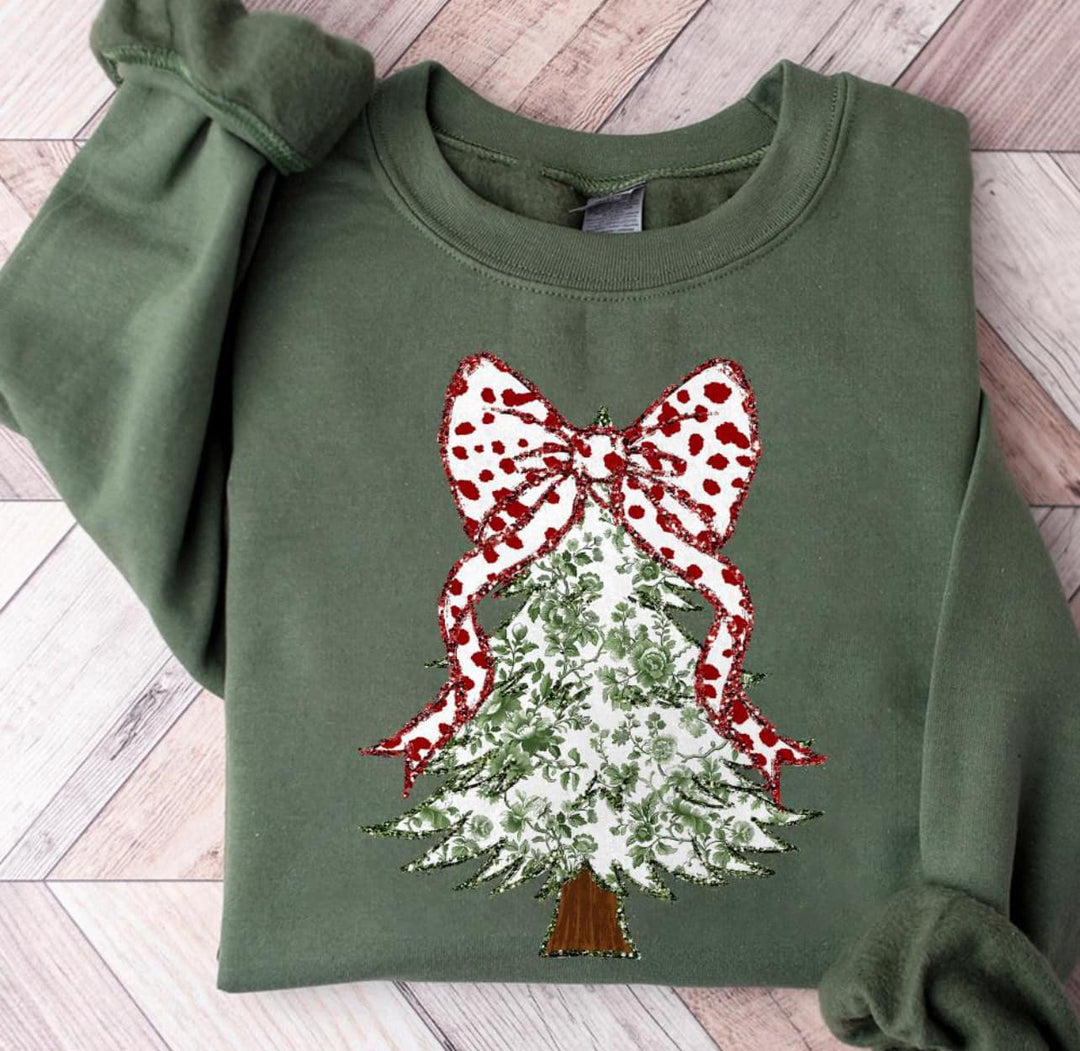 DTF TRANSFER ONLY  - Coquette Christmas Tree Bow Green Floral Pattern