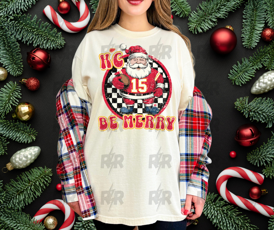DTF TRANSFER ONLY  - KC Be Merry Santa Checkered Circle