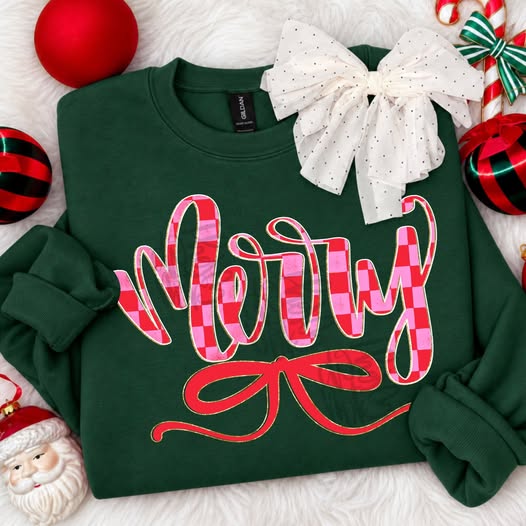 DTF TRANSFER ONLY  - Pink Checkered Merry Script