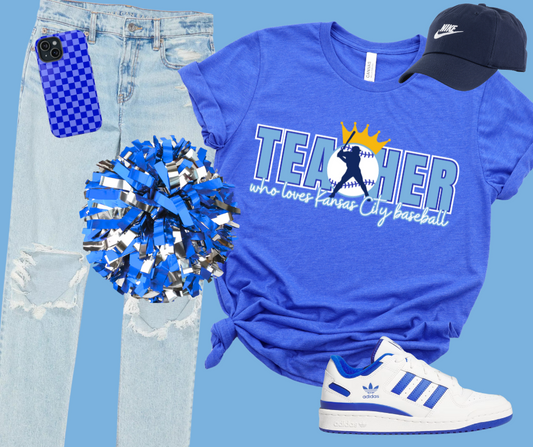 DTF TRANSFER ONLY  - Light Blue Teacher Who Loves Kansas City Baseball w/ Ball in CENTER