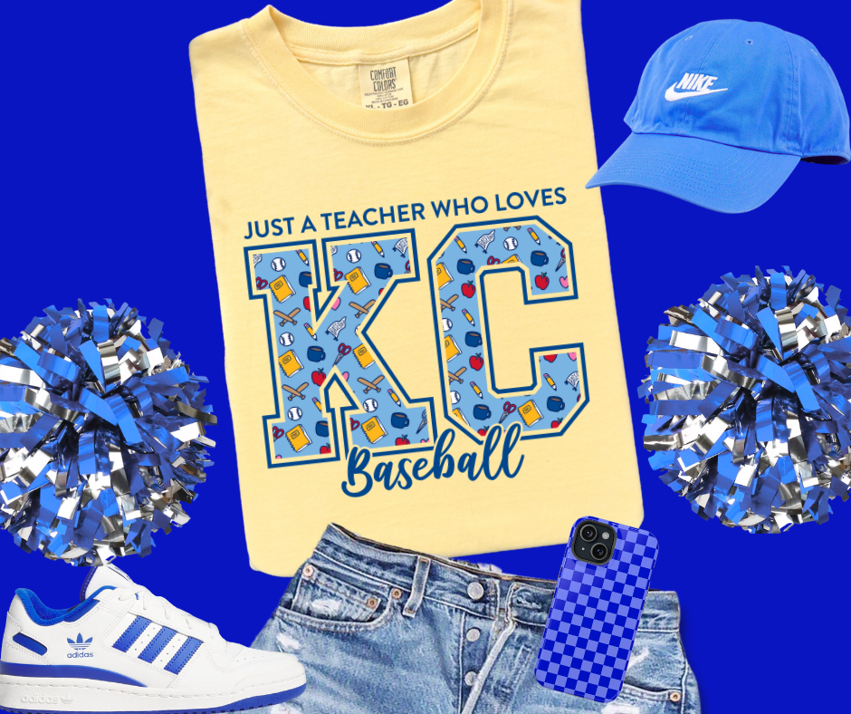 DTF TRANSFER ONLY  - Blue Icon Letters Just a Teacher who Loves KC Baseball