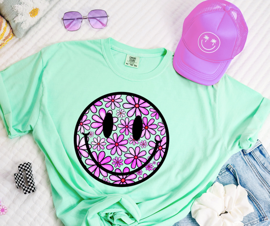 DTF TRANSFER ONLY - Purple Floral Smiley Face
