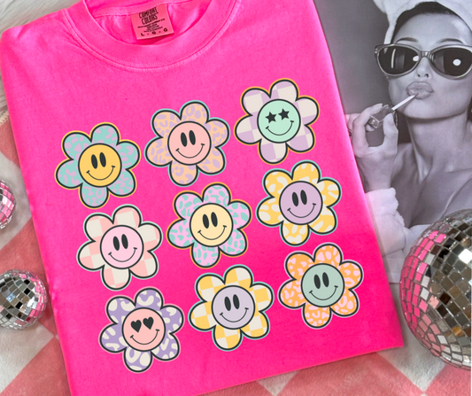 DTF TRANSFER ONLY  - Pastel Daisy Smiley Face Pattern