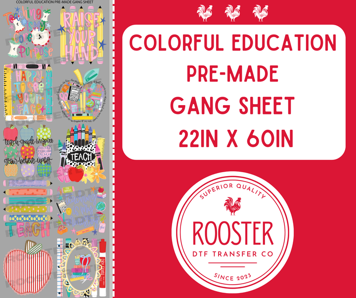 DTF TRANSFER ONLY  - COLORFUL EDUCATION PRE-MADE GANG SHEET (22x60in)