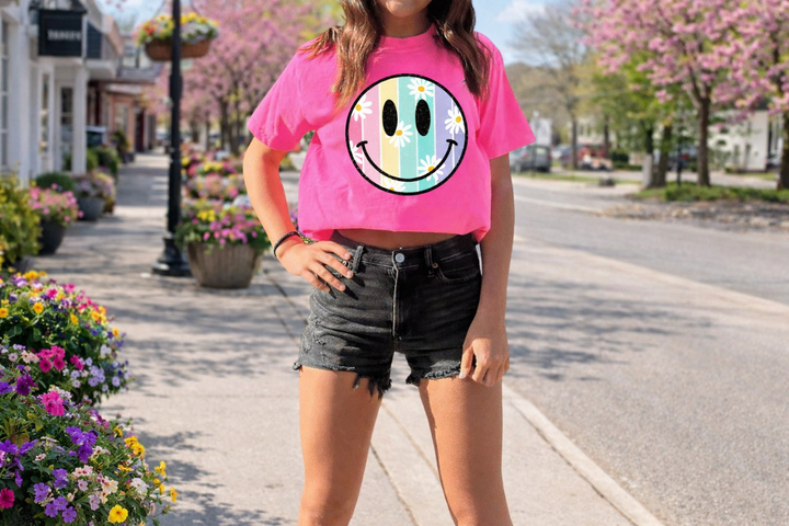 DTF TRANSFER ONLY  - Colorful Striped Daisy Smile Face