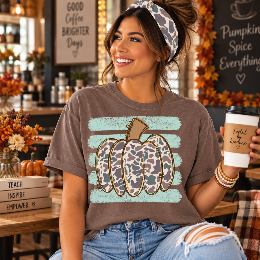 DTF TRANSFER ONLY  - Camo Pumpkin Teal Stripes