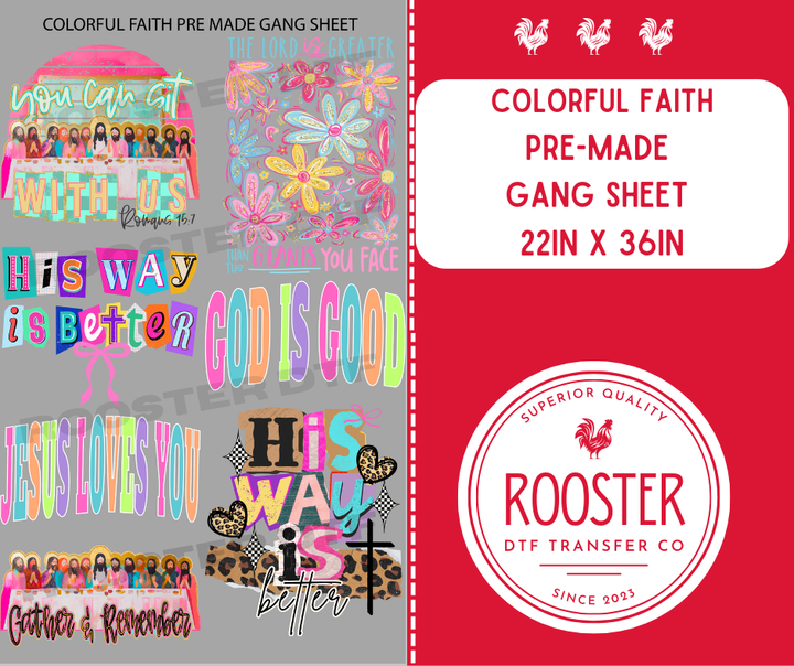 DTF TRANSFER ONLY  - COLORFUL FAITH PRE-MADE GANG SHEET (22x36in)