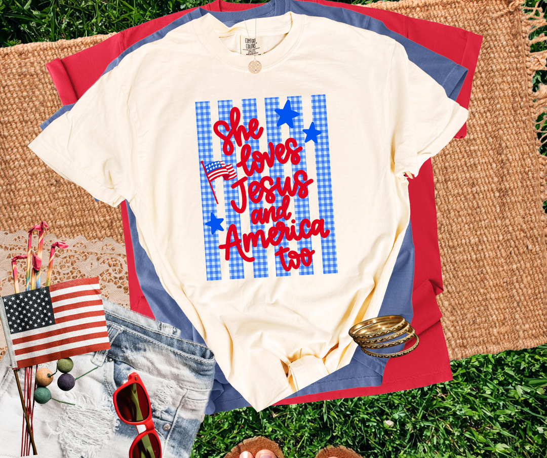 DTF TRANSFER ONLY - Gingham She Loves Jesus and America Too