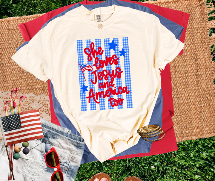 DTF TRANSFER ONLY - Gingham She Loves Jesus and America Too