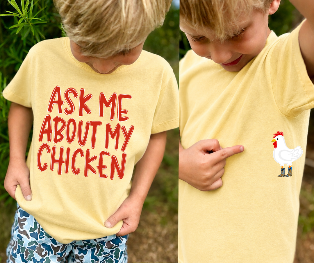 DTF TRANSFER ONLY - Pocket/Front Red Ask Me About My Chicken
