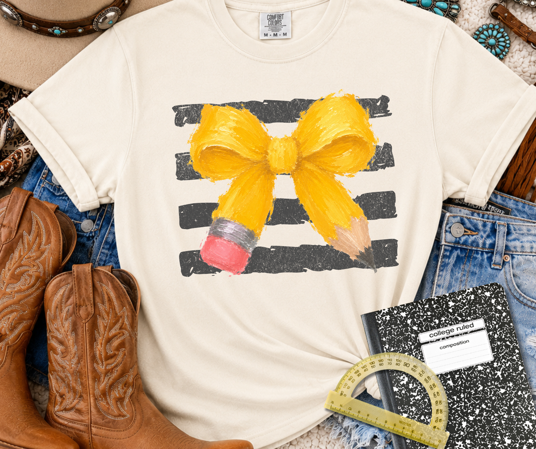 DTF TRANSFER ONLY - Distressed Stripes Yellow Pencil Bow