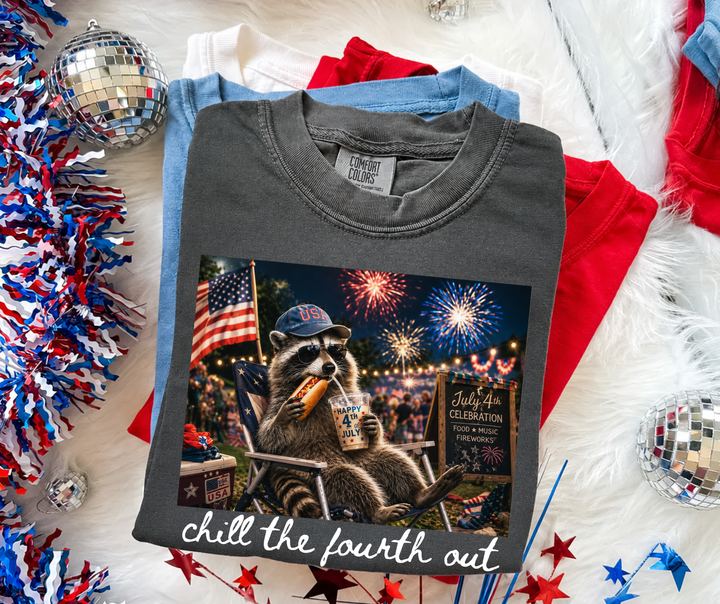 DTF TRANSFER ONLY - Patriotic Raccoon Chill the Fourth Out w/ Hot Dog & Iced Coffee