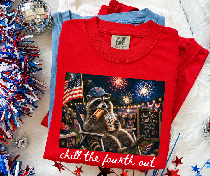 DTF TRANSFER ONLY - Patriotic Raccoon Chill the Fourth Out w/ Hot Dog & Iced Coffee