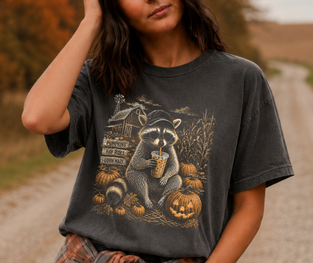 DTF TRANSFER ONLY - Haunted Raccoon Corn Field Halftone