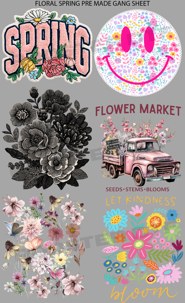DTF TRANSFER ONLY  - FLORAL SPRING PRE-MADE GANG SHEET (22x36in)