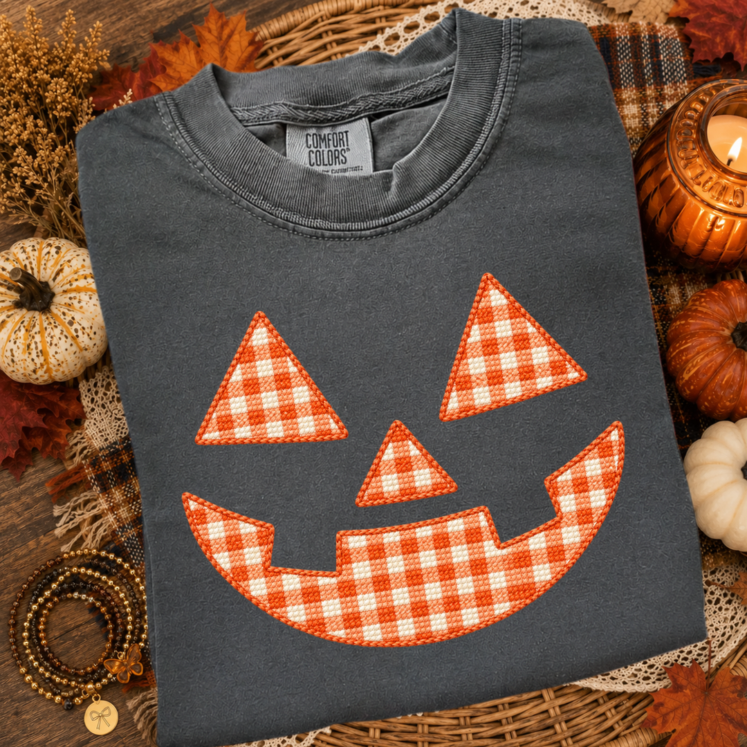 DTF TRANSFER ONLY  - Orange Gingham Jack-O-Lantern