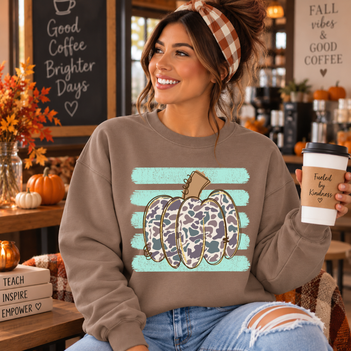 DTF TRANSFER ONLY  - Camo Pumpkin Teal Stripes