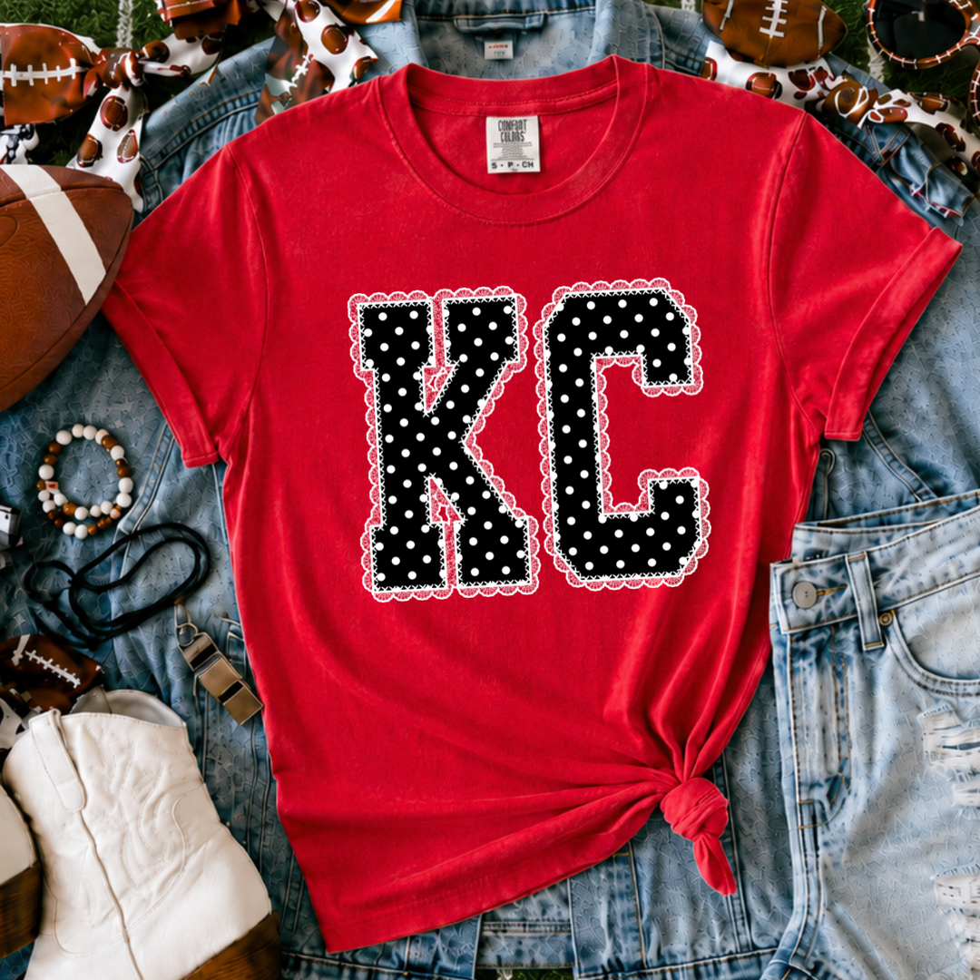 DTF TRANSFER ONLY  - Black/White Polka Dot Lace KC Letters