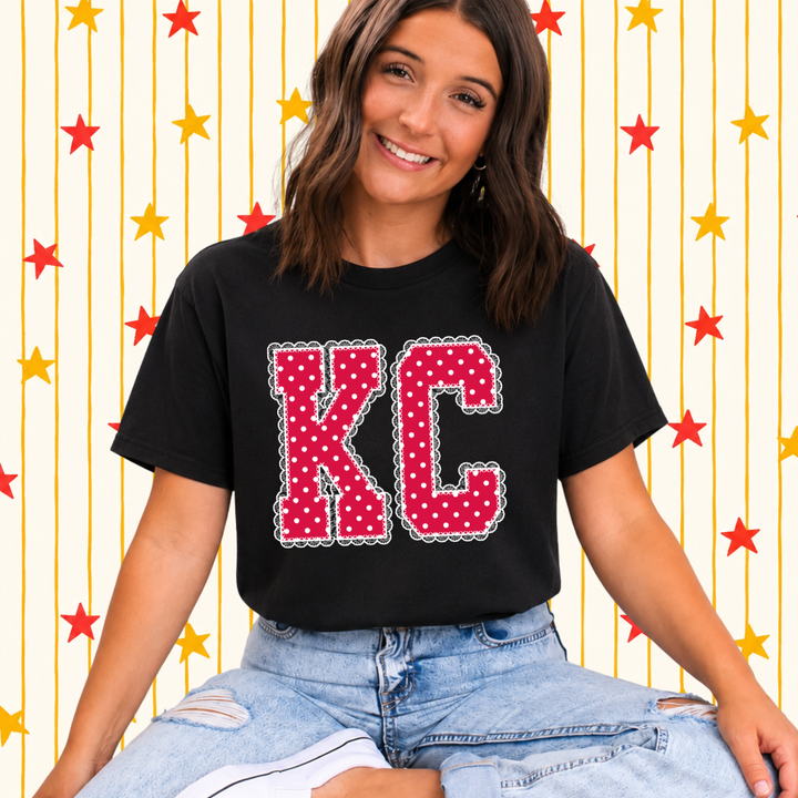 DTF TRANSFER ONLY  - Red/White Polka Dot Lace KC Letters