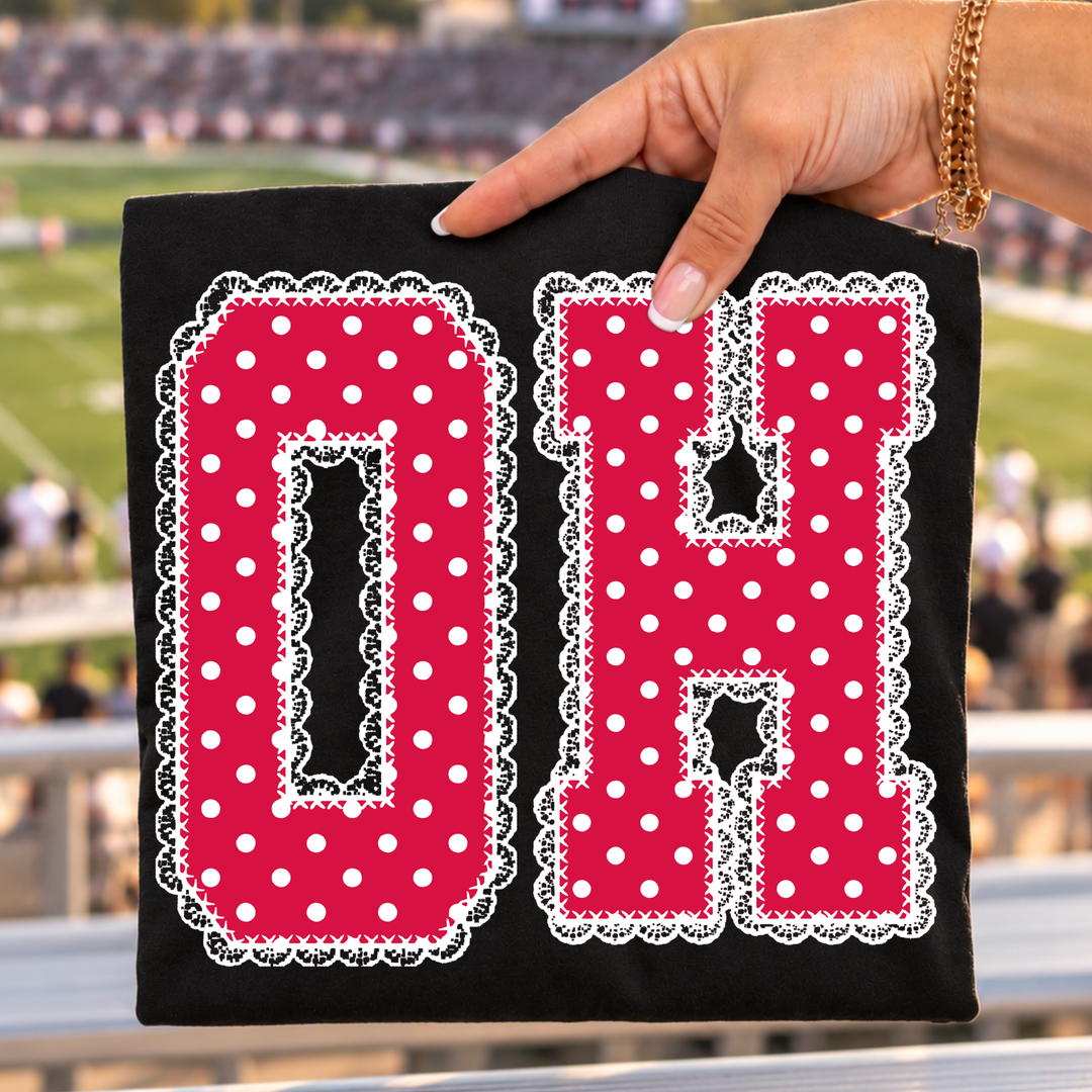 DTF TRANSFER ONLY  - Red/White Polkadot Lace O-H Letters