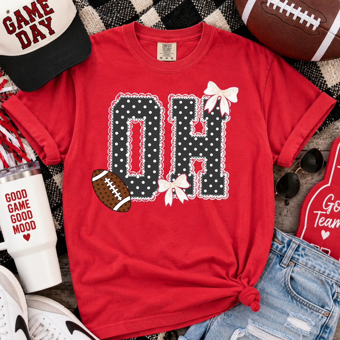 DTF TRANSFER ONLY  - Black/White Polkadot Lace O-H Football & Bows