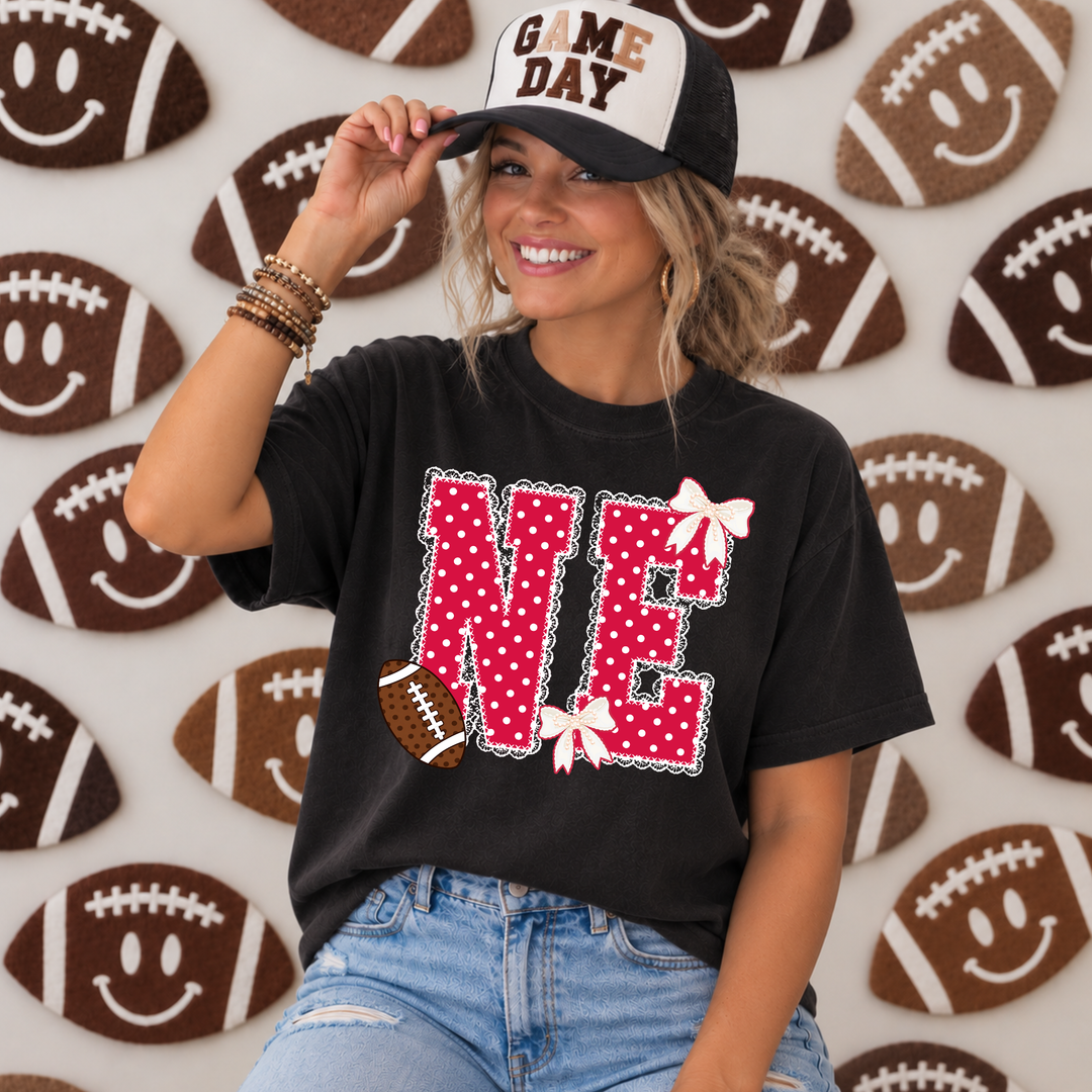 DTF TRANSFER ONLY  - Red/White Polkadot Lace N-E Football & Bows