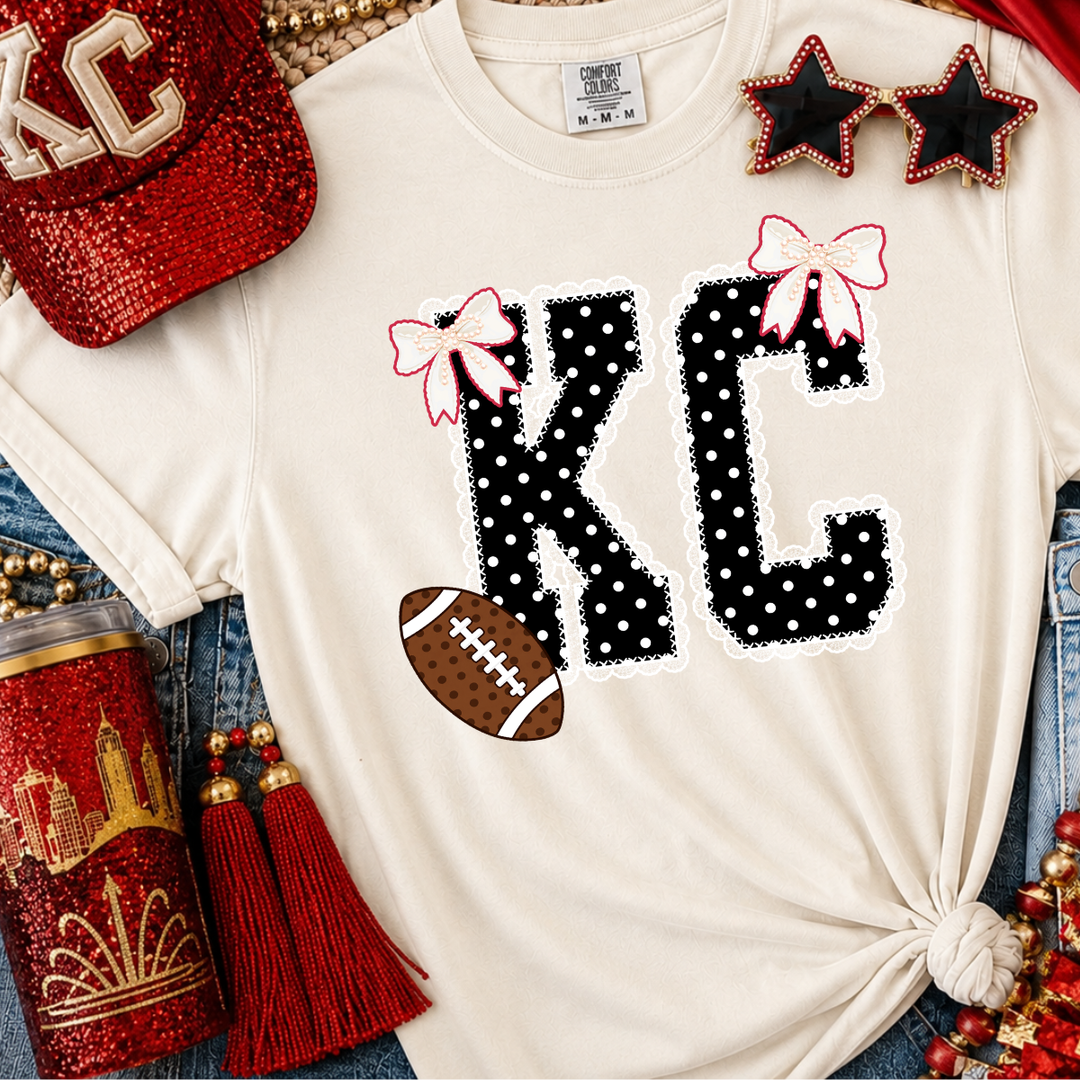 DTF TRANSFER ONLY  - Black/White Polkadot KC Lace Letters with bows and football