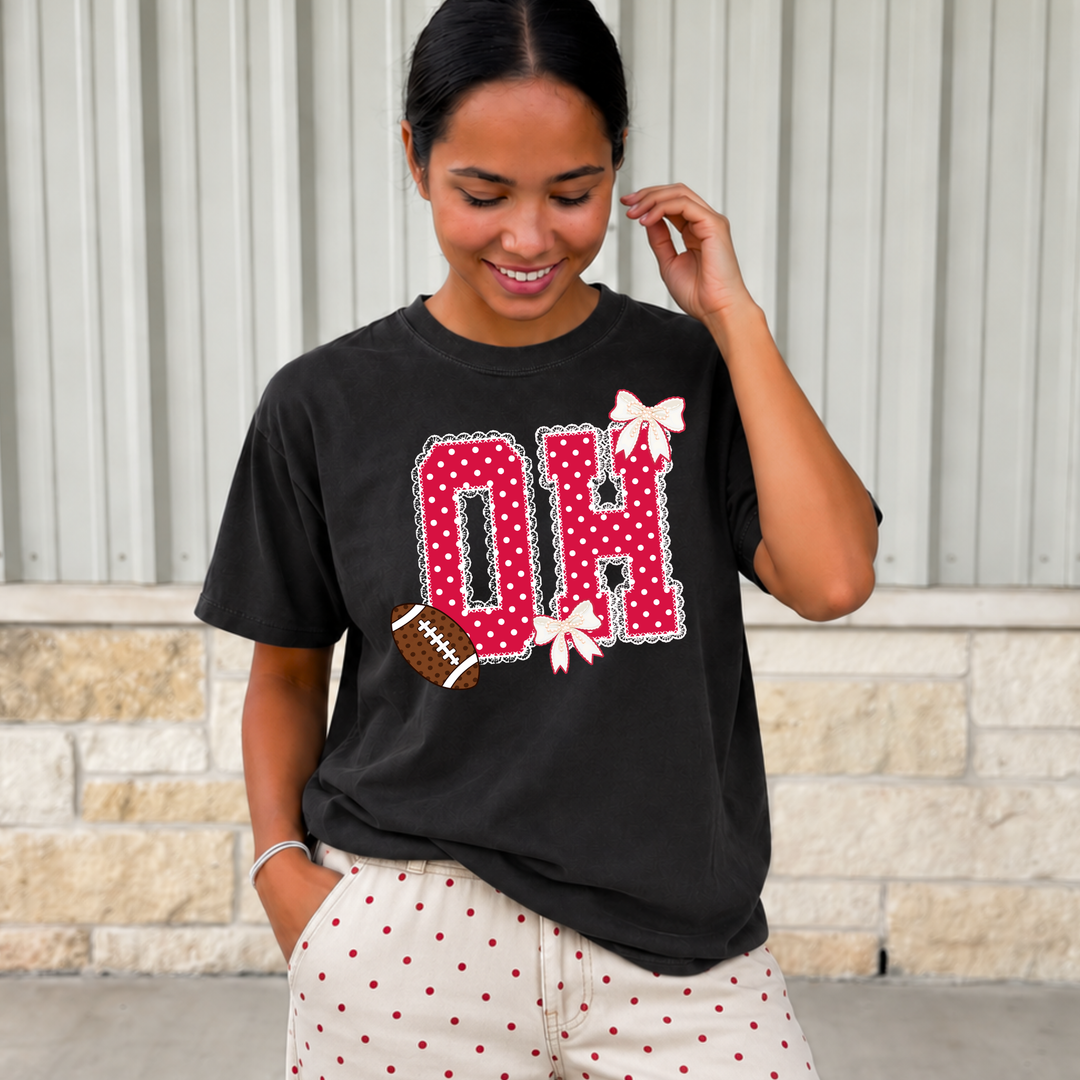 DTF TRANSFER ONLY  - Red/White Polkadot Lace O-H Football & Bows