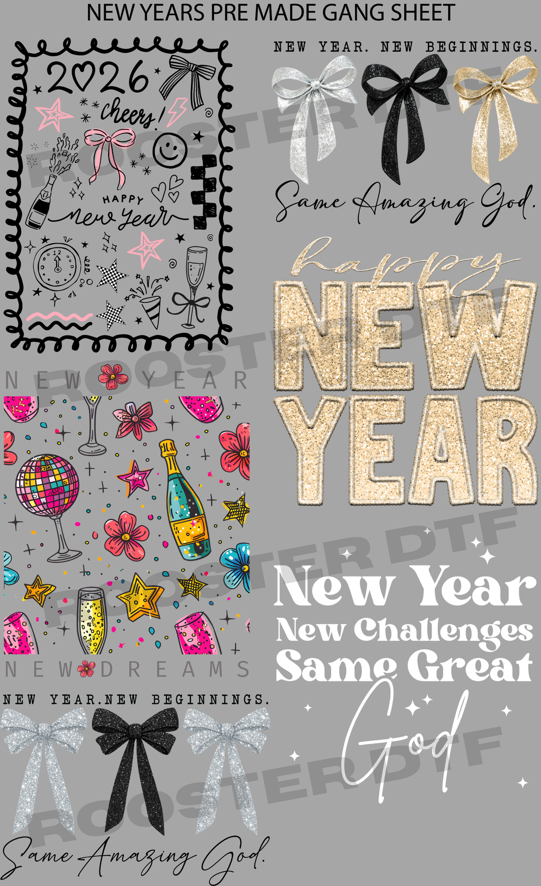DTF TRANSFER ONLY  - NEW YEARS PRE-MADE GANG SHEET (22x36in)