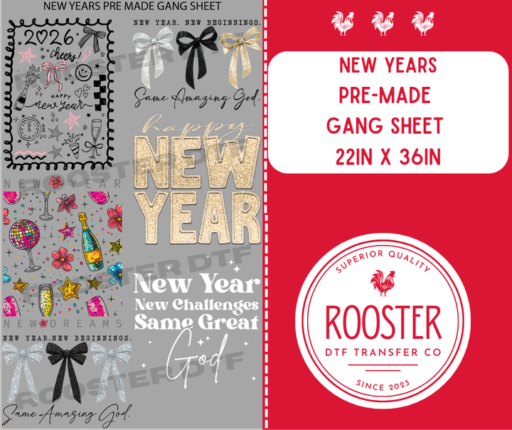 DTF TRANSFER ONLY  - NEW YEARS PRE-MADE GANG SHEET (22x36in)