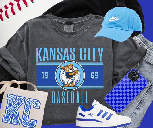 DTF TRANSFER ONLY  - Vintage Kansas City Baseball Lion Player Center 1969 (Lighter/Brighter Blue Text)