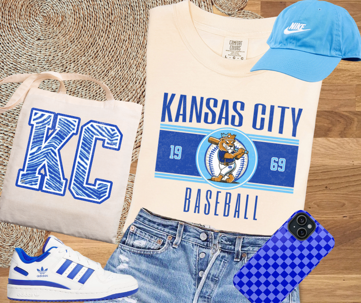 DTF TRANSFER ONLY  - Vintage Kansas City Baseball Lion Player Center 1969 (Darker Blue Text)