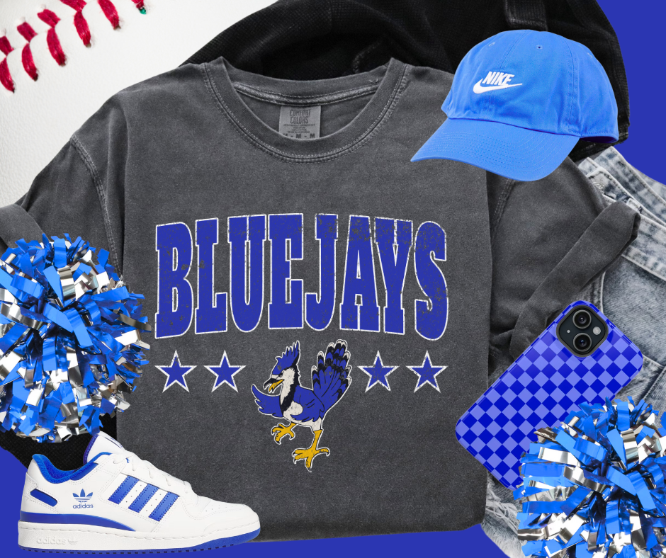 DTF TRANSFER ONLY  - Blue/White Distressed Bluejays Mascot Stars