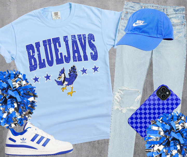 DTF TRANSFER ONLY  - Blue/White Distressed Bluejays Mascot Stars