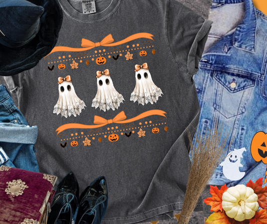 DTF TRANSFER ONLY  - 3 White Lace Ghost with Orange Bows